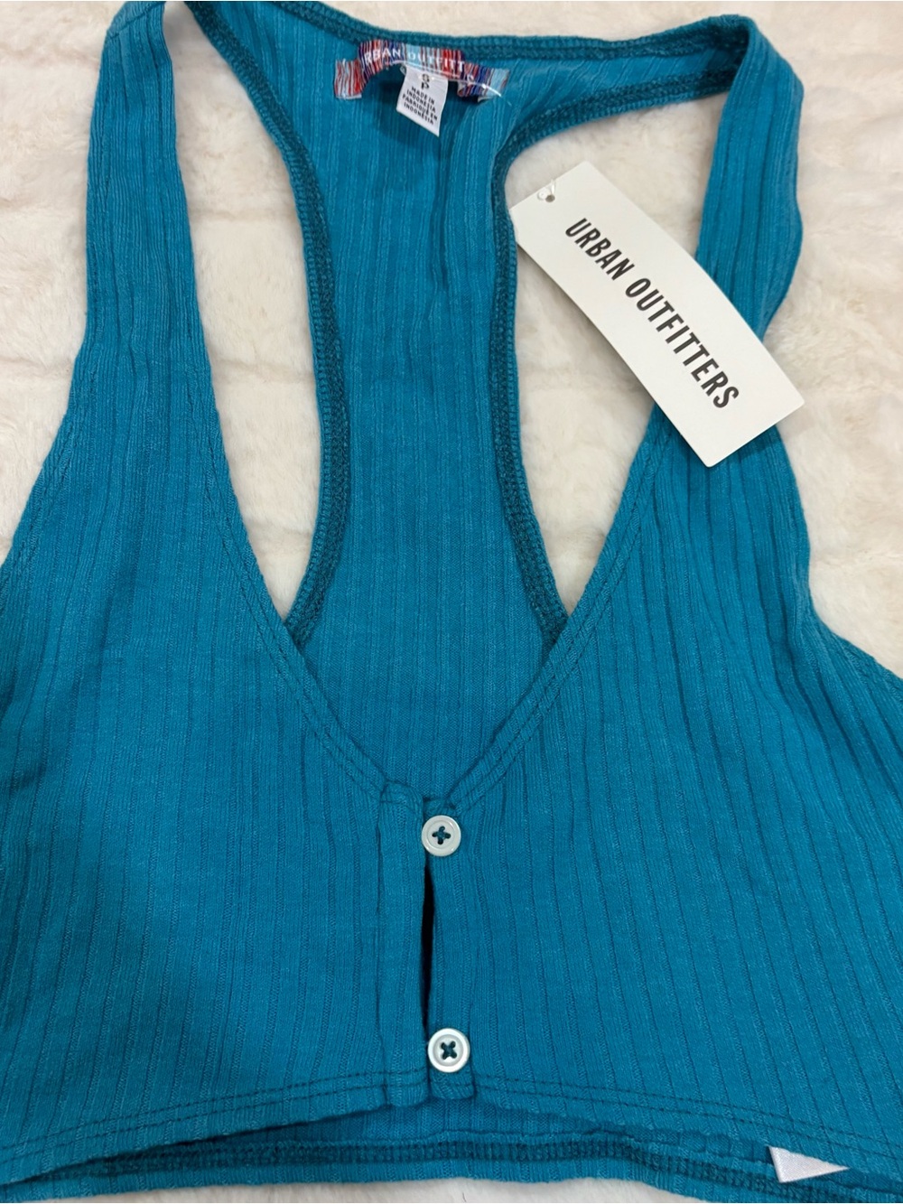 Urban Outfitters Blue Ribbed Racerback Button-Front Crop Top - Picture 2 of 3